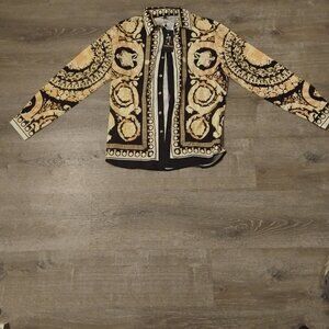 Daupanzees Baroque Print Button-Down Shirt - Black & Gold Luxury Style - Size L